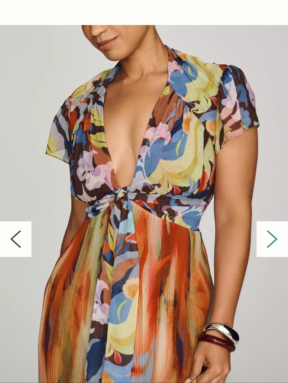 NEW Anthropologie Open Back Mixed Print Pleated Plunge V Neck Maxi Chiffon Dress - Picture 8 of 16